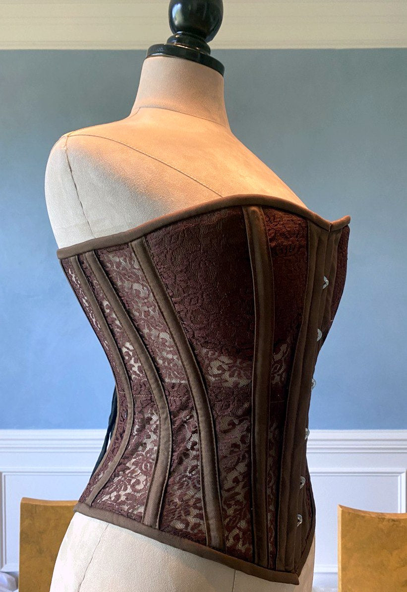 Overbust mesh authentic corset with cups in chocolate brown and other  colors. Gothic Victorian, steampunk affordable, historical corset