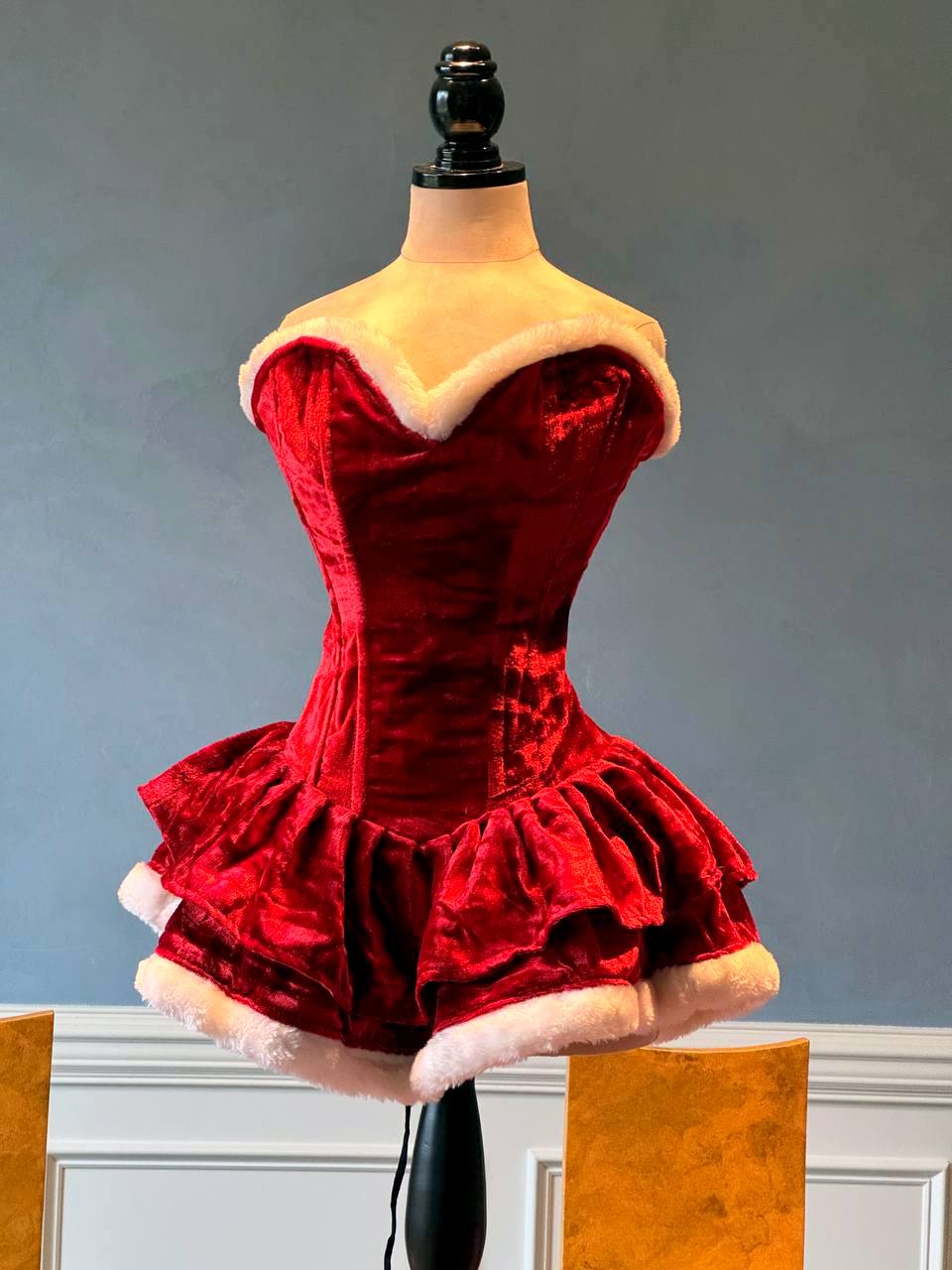 Authentic Santa corset dress with fluffy skirt, red Christmas