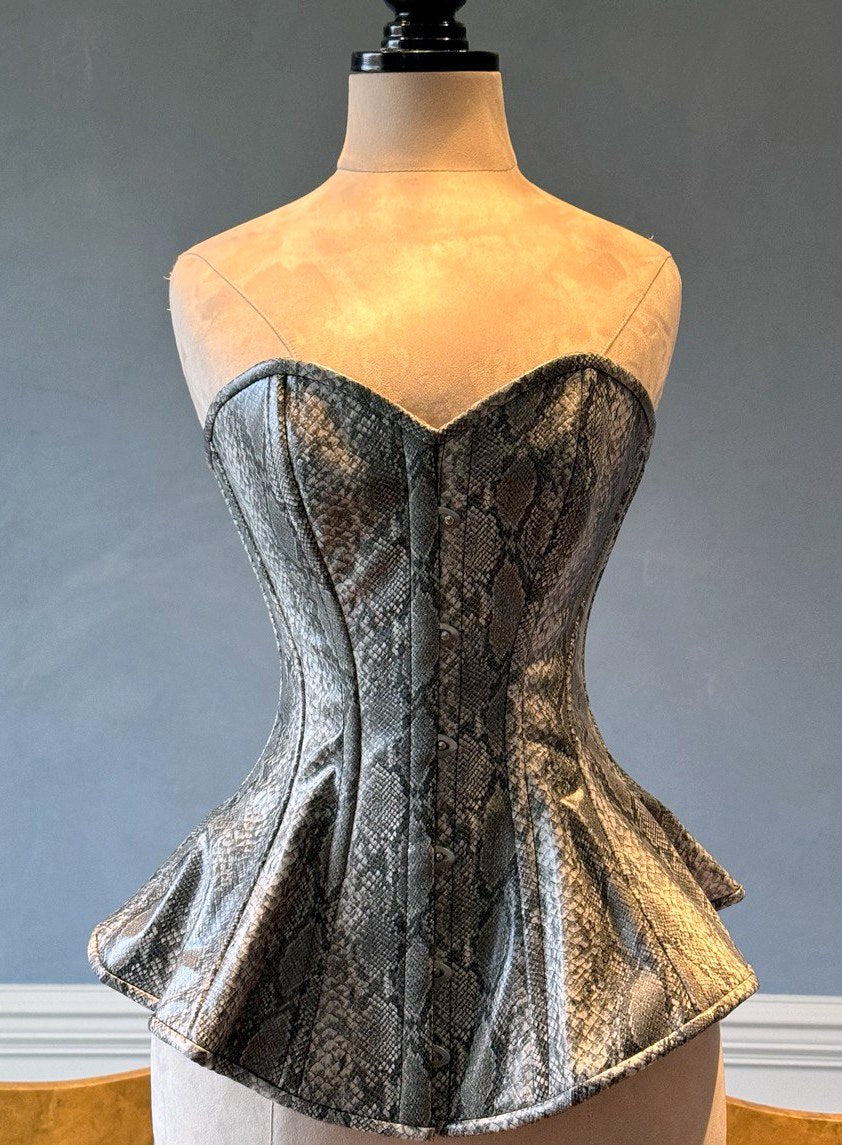 Fake snake leather Edwardian pattern PVC corset featured in magazines.  Steelbone custom corset, renaissance, gothic, steampunk, bespoke, victorian