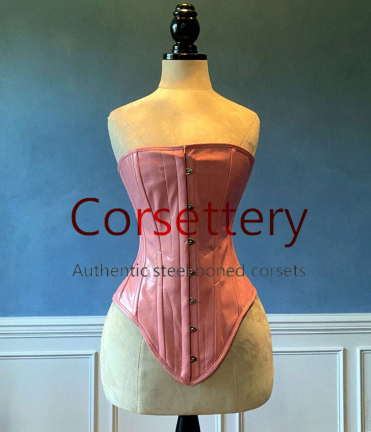 Fake pink leather Edwardian pattern PVC corset. Steelbone custom corse –  Corsettery Authentic Corsets USA