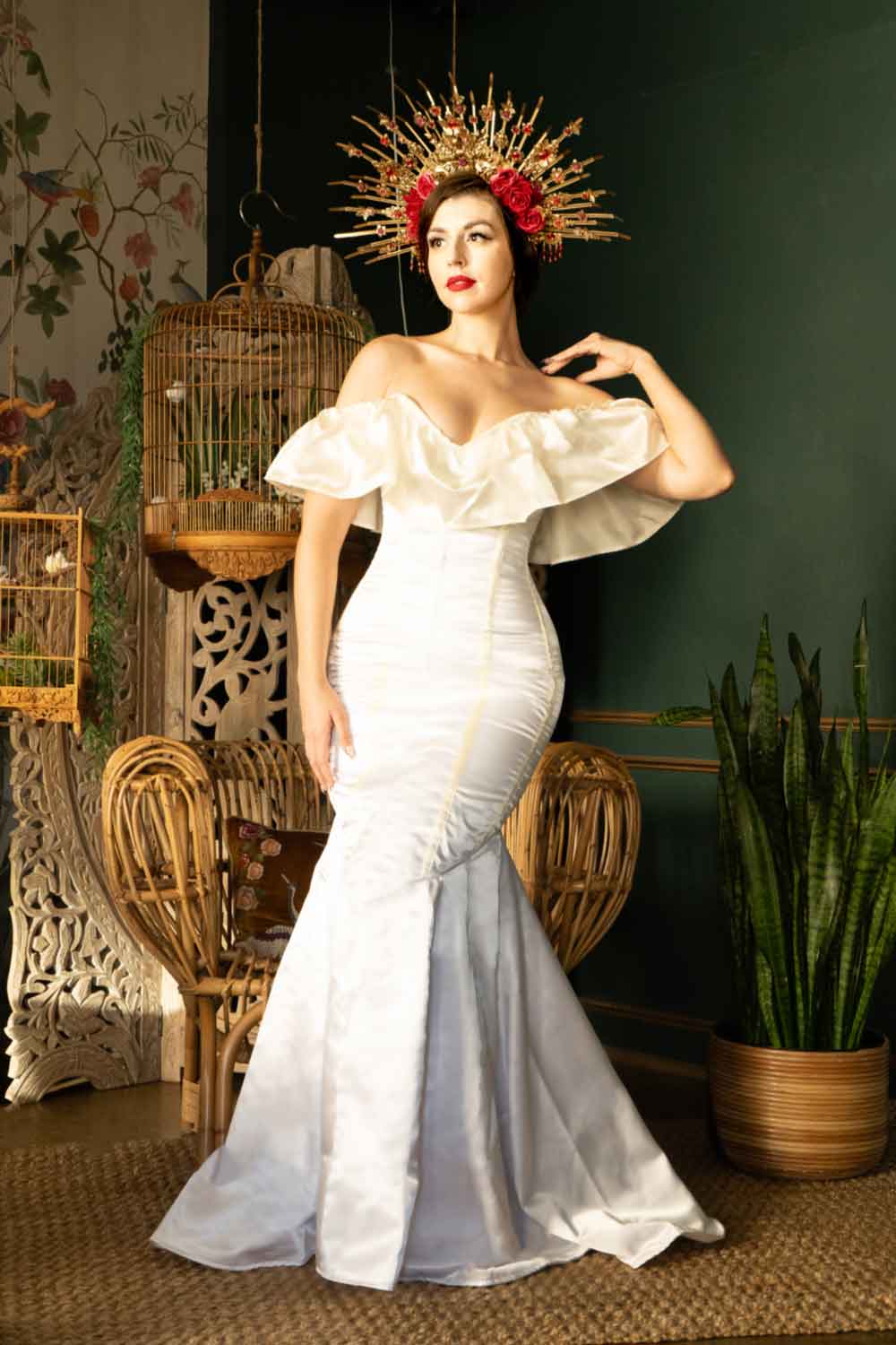 Classic Satin Corset Wedding Dress with Wide Frill. Bespoke Steel-Boned Mermaid Corset Dress 22 / Maroon Satin Classic Satin Corset Wedding Dress with Wide Frill. Bespoke Steel-Boned Mermaid Corset Dress 22 / Maroon Satin