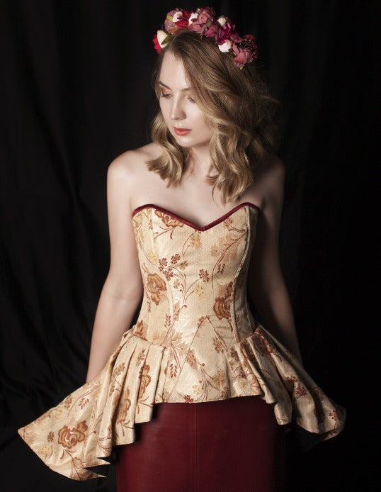 Cute floral brocade overbust corset with frill on hips. Authentic  steel-boned corset in steampunk style