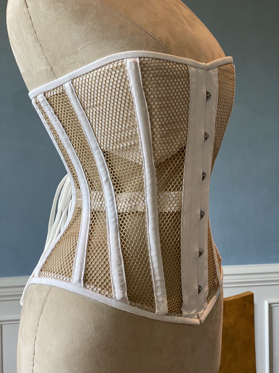 Overbust mesh authentic corset with leather bones and stripes