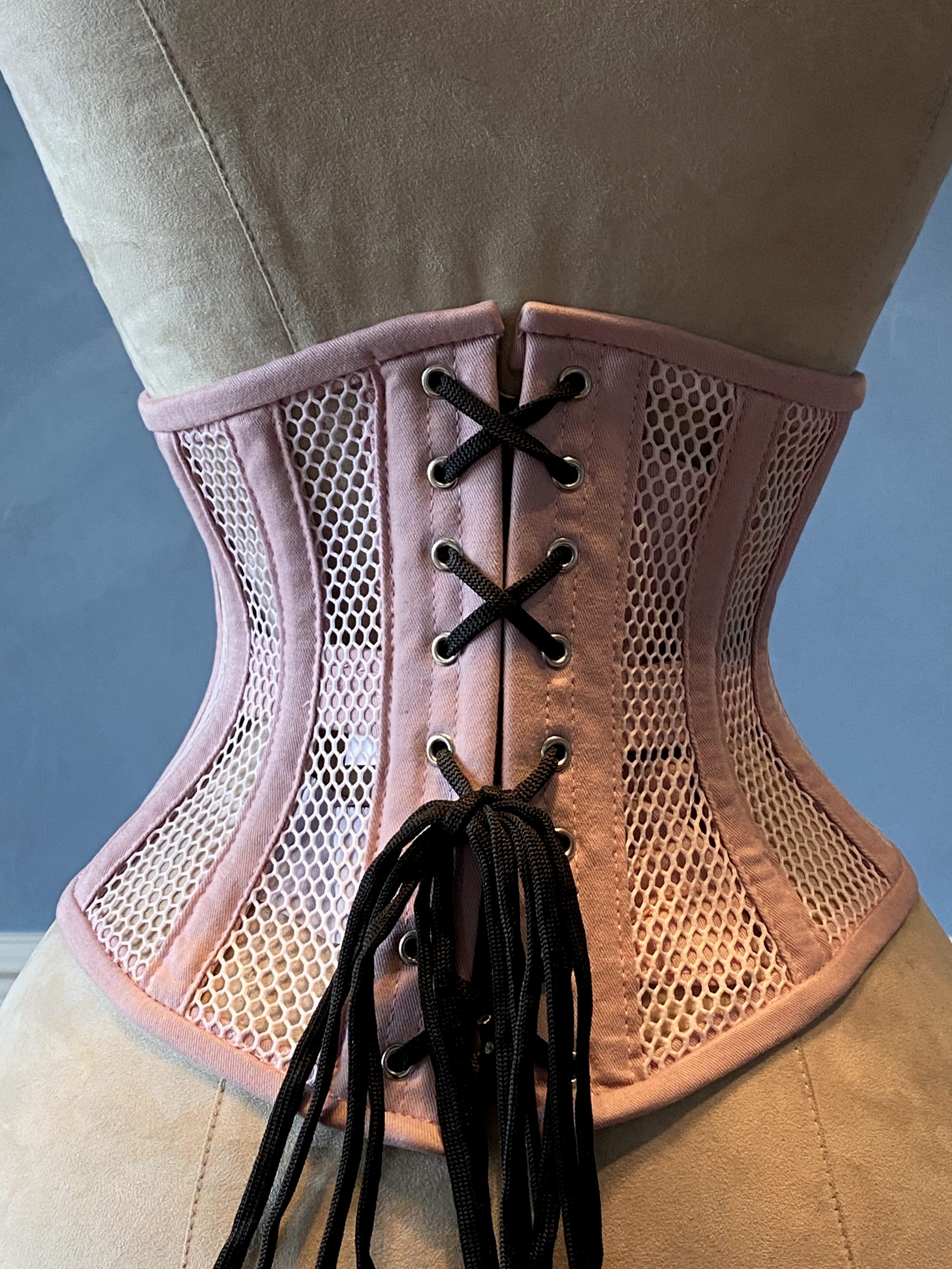 Real steel boned underbust underwear corset from transparent mesh and  cotton. Summer waist training corset for tight lacing of pink color
