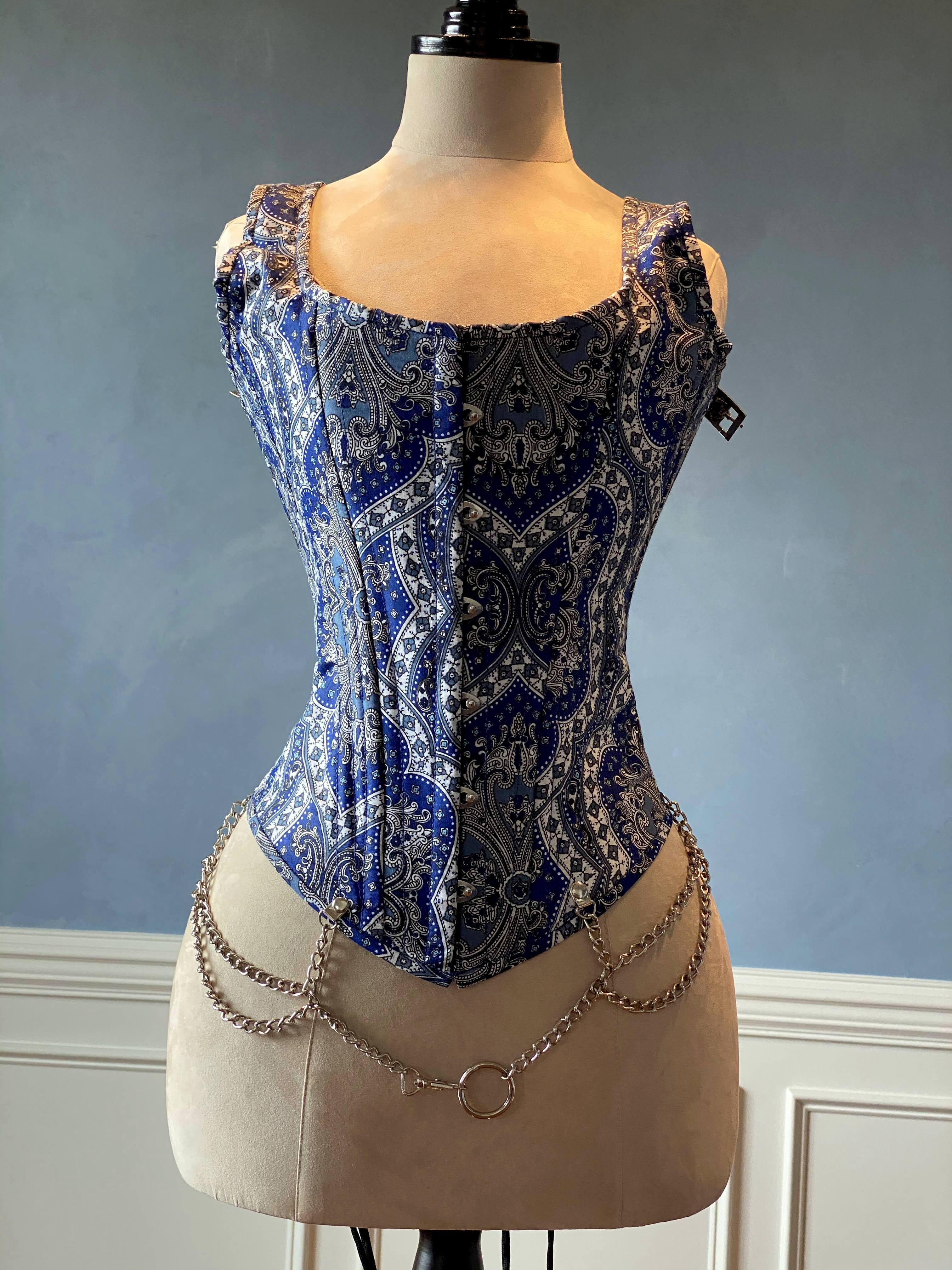 Classic brocade overbust corset vest inspired by Audrey Hepburn with  shoulder straps. Steel-boned corset top for tight lacing.