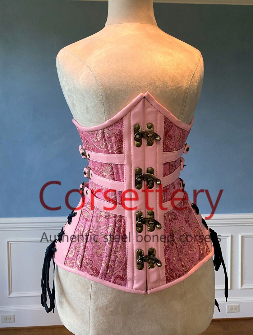 Double row steel boned authentic underbust brocade corset with leather –  Corsettery Authentic Corsets USA