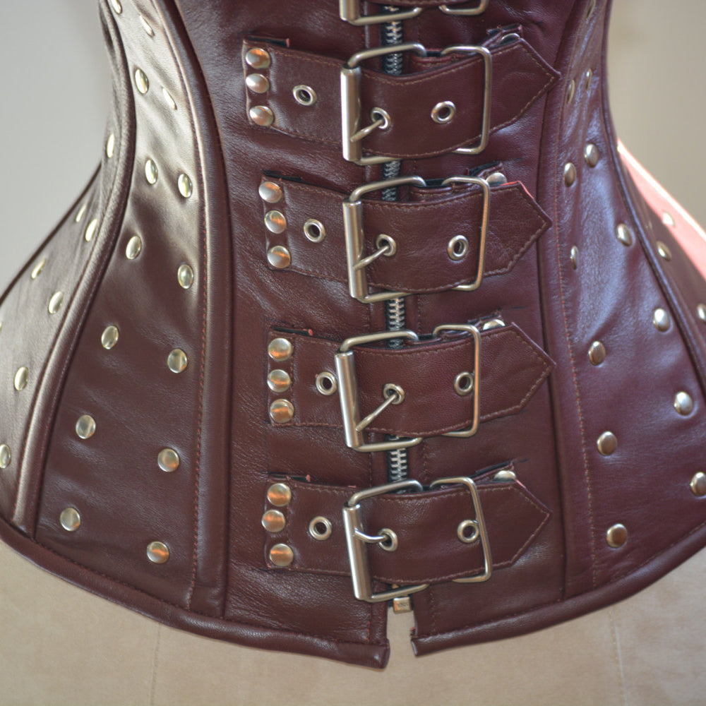 
                  
                    Steampunk and gothic style leather corset (brown and black). Alt, moto, fashion trendy overbust, real leather, metal, bdsm, bespoke corset. Corsettery
                  
                