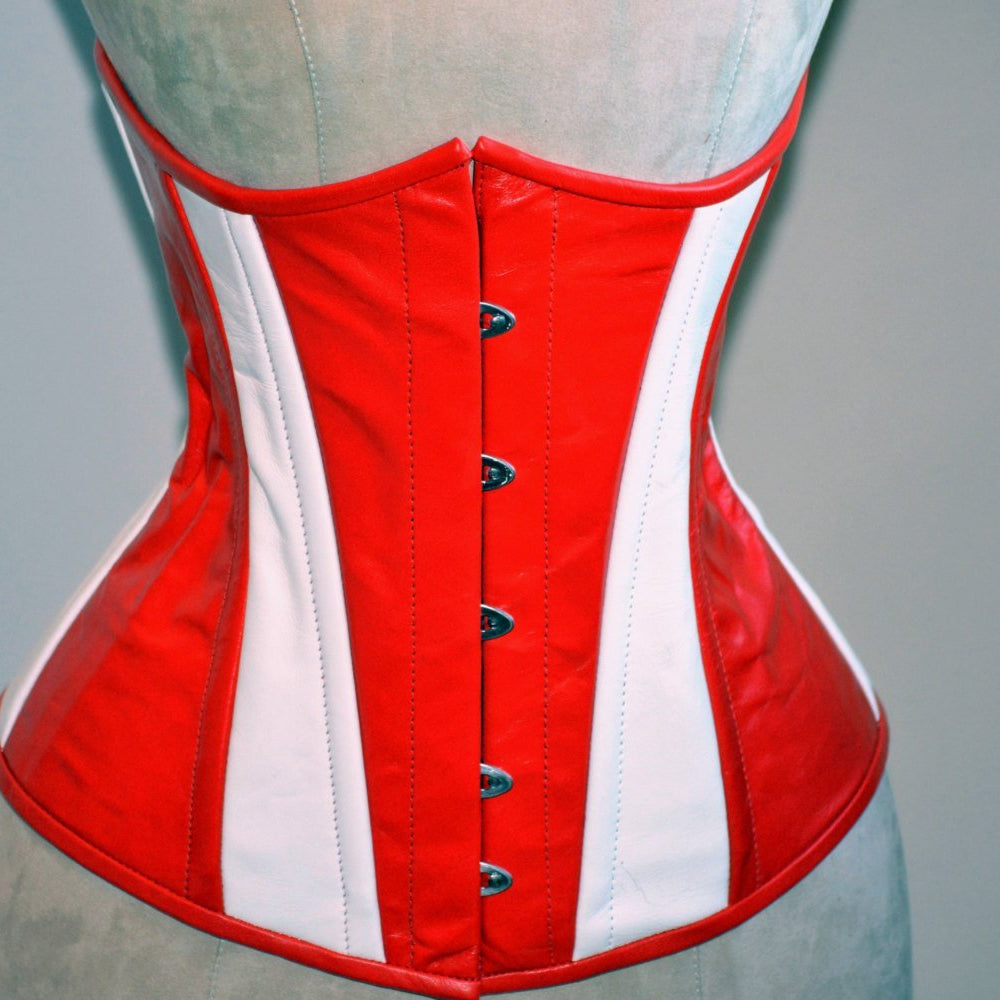 
                  
                    Hand dyed real leather Captain America red and white cosplay corset, steel boned made to measures exclusive corset, steampunk leather corset Corsettery
                  
                