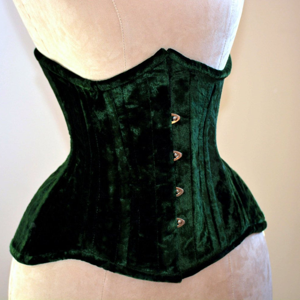 Real double row steel boned underbust velvet corset of short design with long hips Corsettery