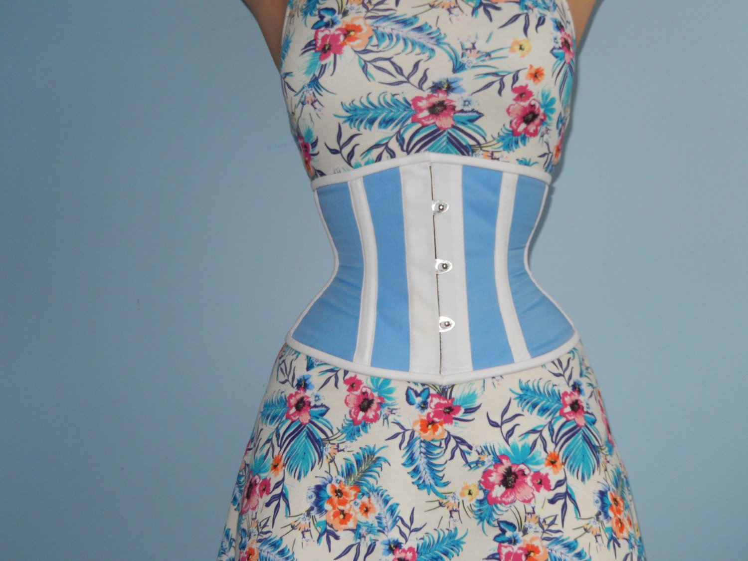 Real steel boned waspie corset from light blue cotton. Waist training –  Corsettery Authentic Corsets USA