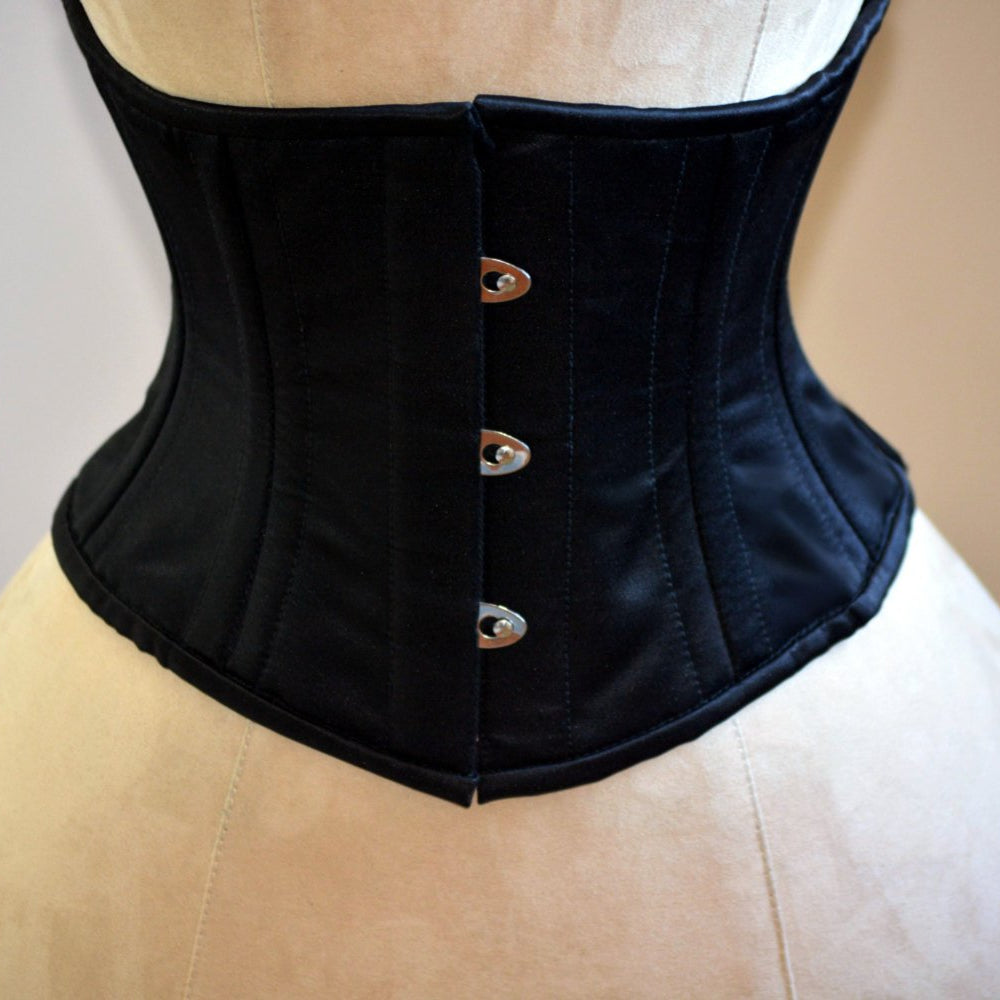 Classic satin steel-boned authentic waspie corset for tight lacing and waist training. Corsettery