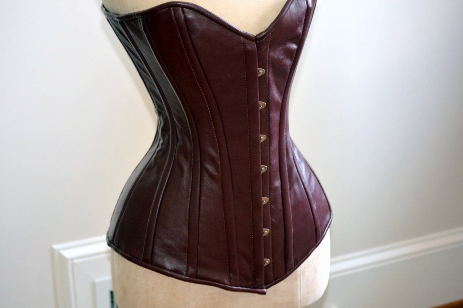 Long steel-boned corset, black, brown, white, red real leather