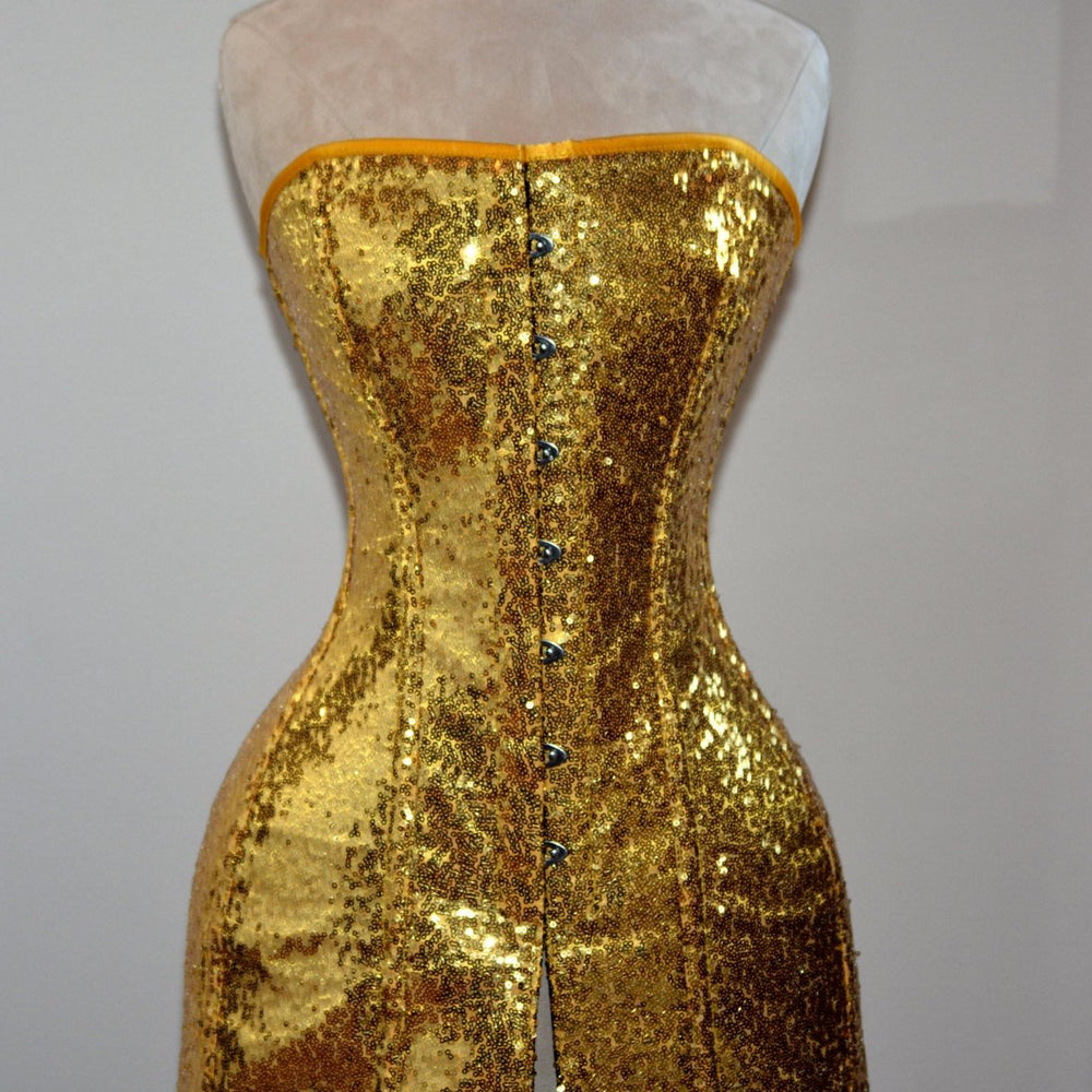 Exclusive shiny corset in caftan style, golden, silver, red, black available. Corsettery