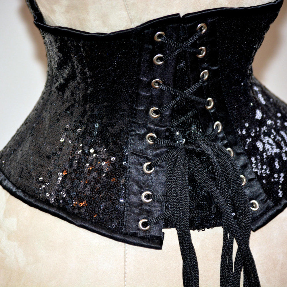 
                  
                    Shiny sequins steel-boned authentic waspie corset for tight lacing and waist training. Gothic, vintage, burlesque, pinup, steampunk, prom Corsettery
                  
                