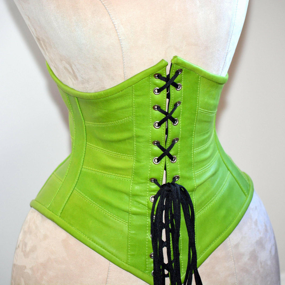 Authentic trendy green steel boned underbust leather corset. Trendy fashion green belt from leather Corsettery
