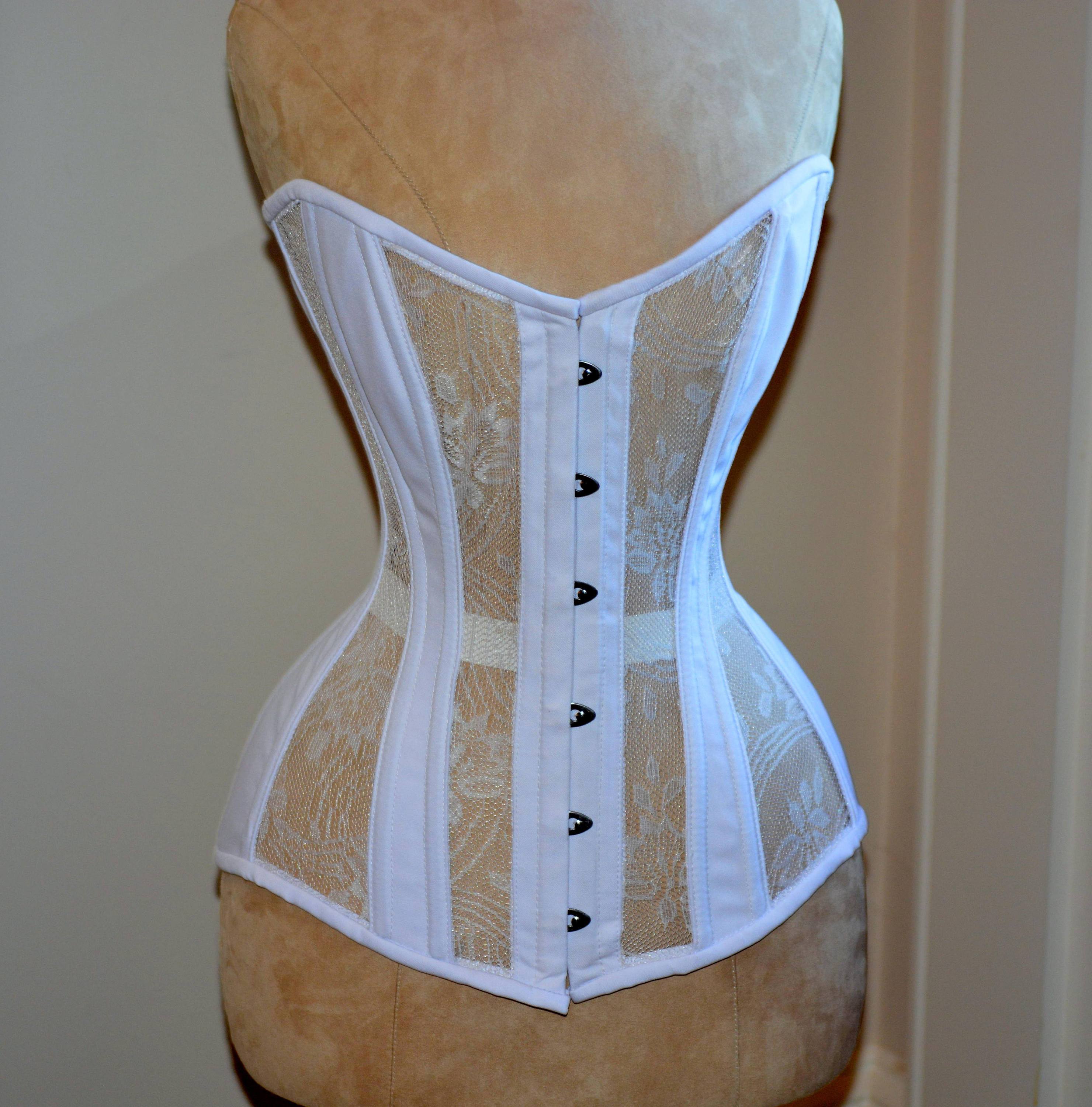 Authentic vintage cotton overbust corset, black or white. Steel boned  custom made cotton corset