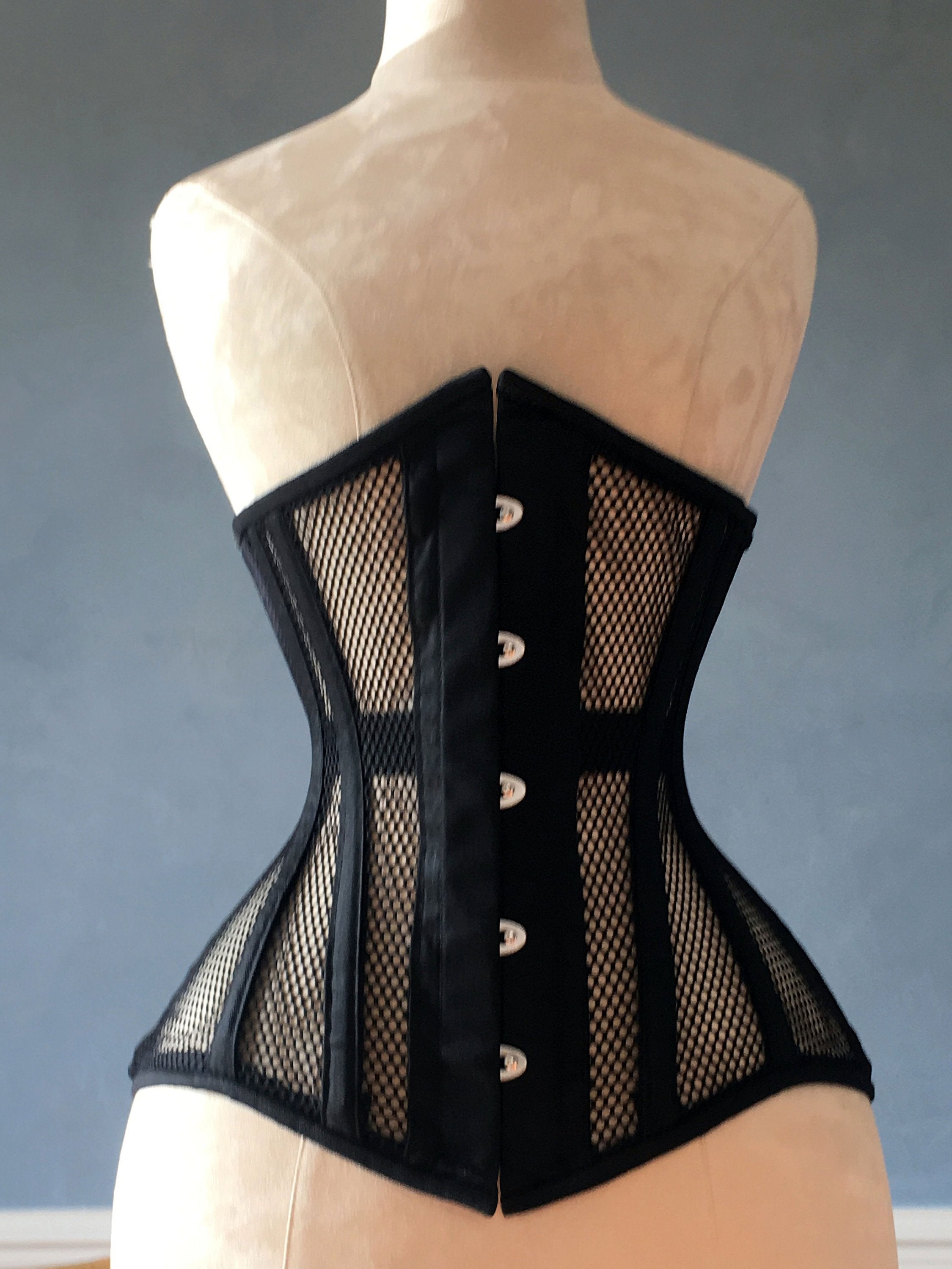 Black steel boned underbust corset from mesh. Authentic corset for tight  lacing