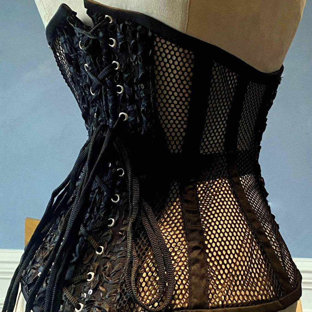 Real steel boned underbust corset from mesh with embroidered front and back. Waist training corset for tight lacing. Gothic, steampunk corset Corsettery