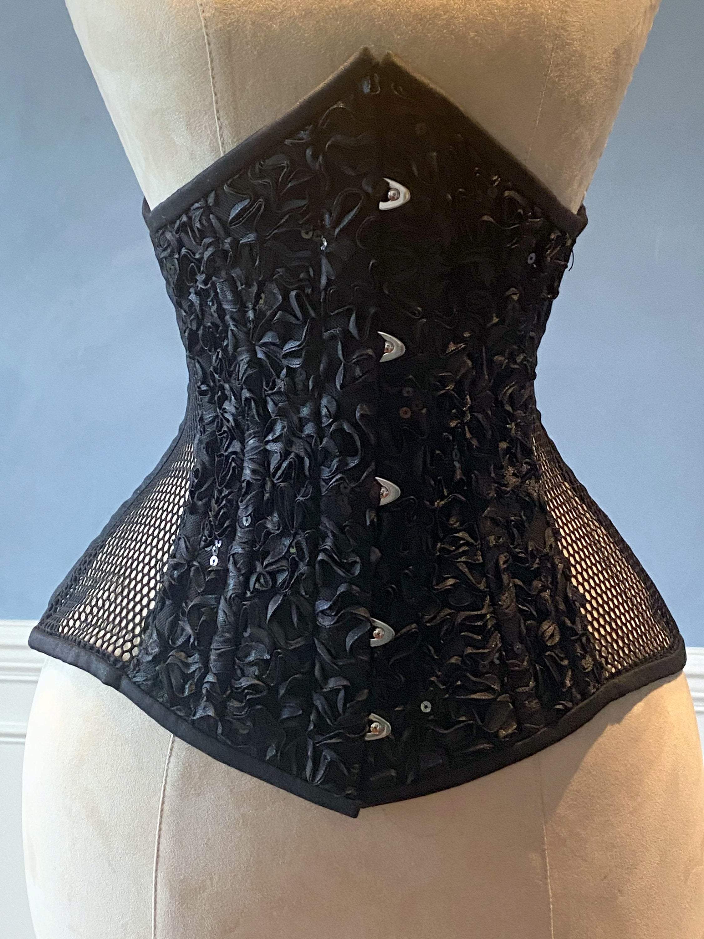 Real steel boned underbust corset from mesh with embroidered front