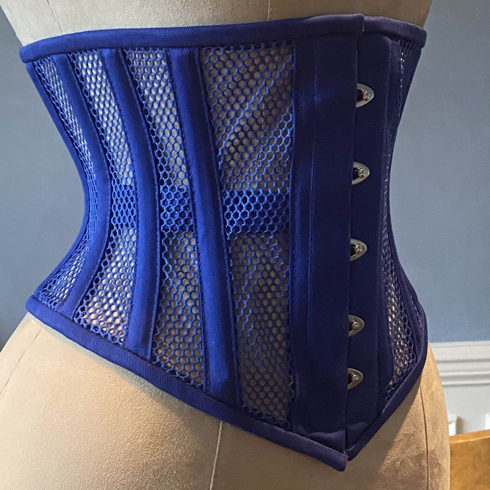 Real steel boned underbust corset from blue transparent mesh and cotton. Real waist training corset for tight lacing. Corsettery