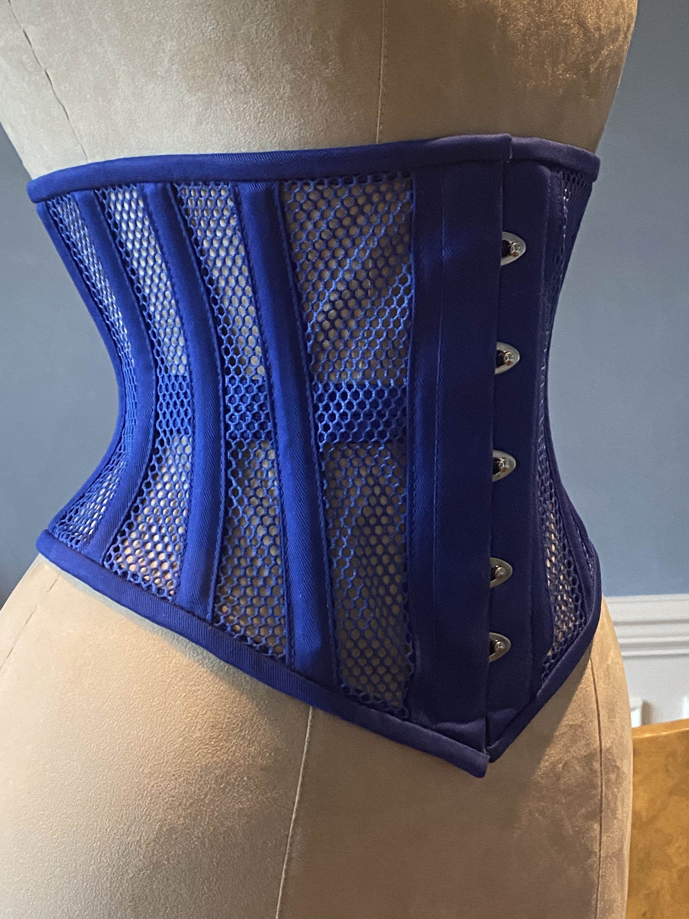 Real steel boned underbust corset from blue transparent mesh and