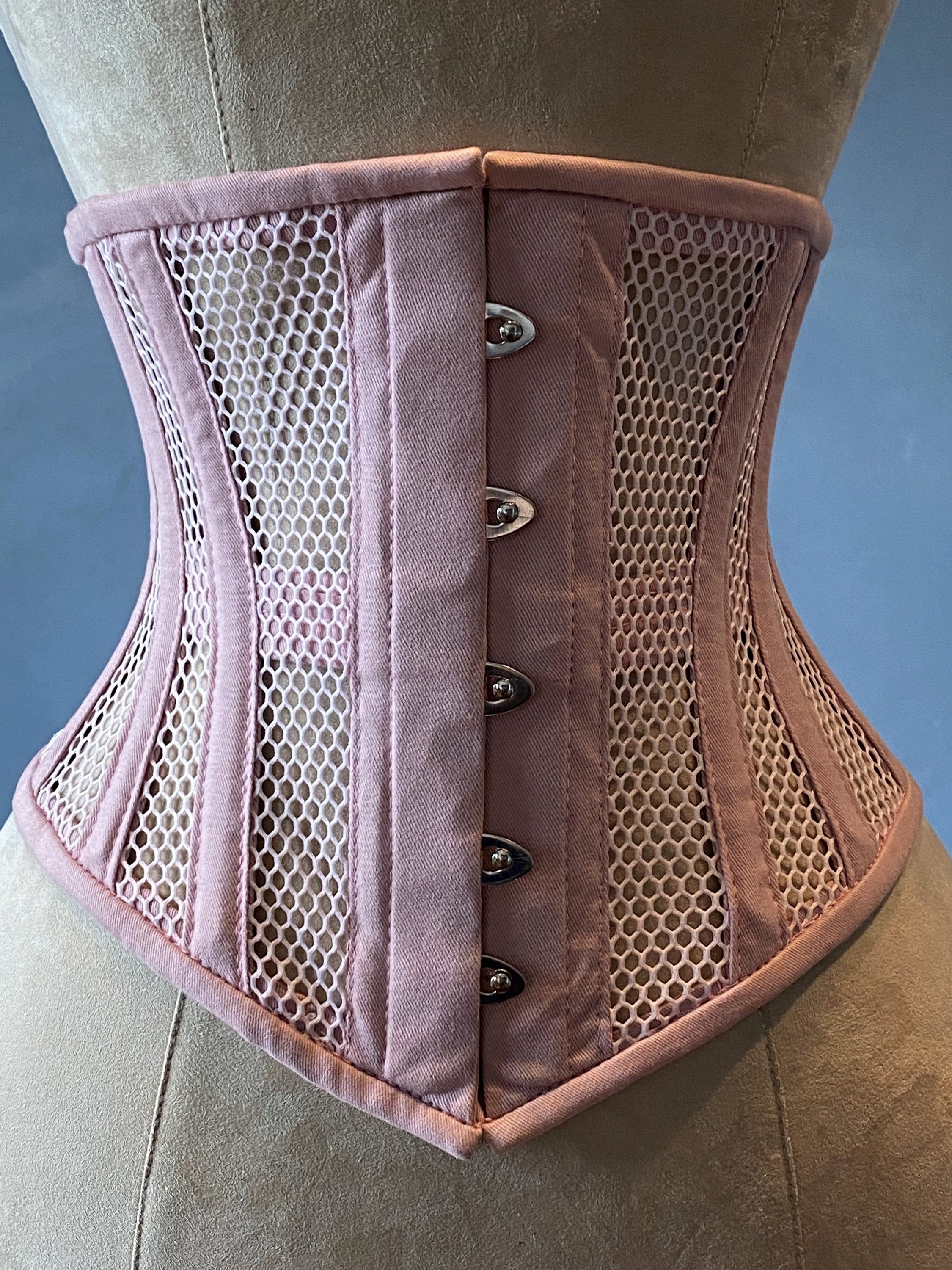 Real steel boned underbust underwear pink corset from transparent mesh and Real waist training corset for tight
