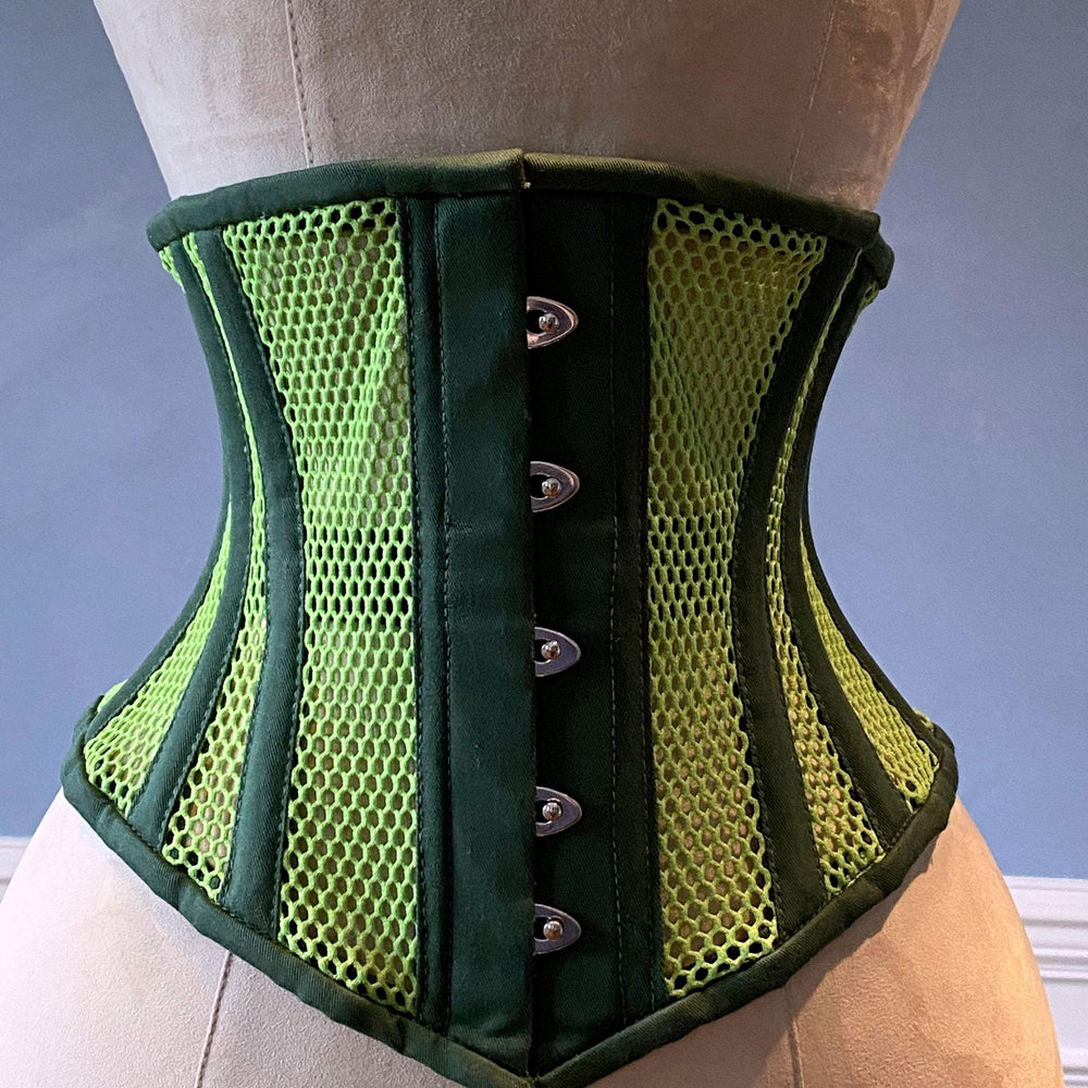 Real steel boned underbust underwear green corset from transparent mesh and cotton. Real waist training corset for tight lacing. Corsettery