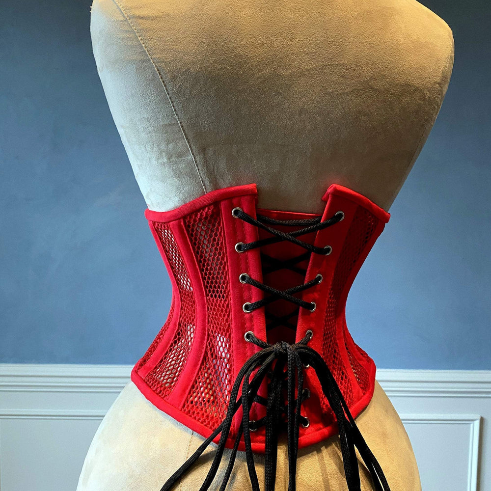 
                  
                    Real steel boned underbust underwear red corset from transparent mesh and cotton. Real waist training corset for tight lacing. Corsettery
                  
                