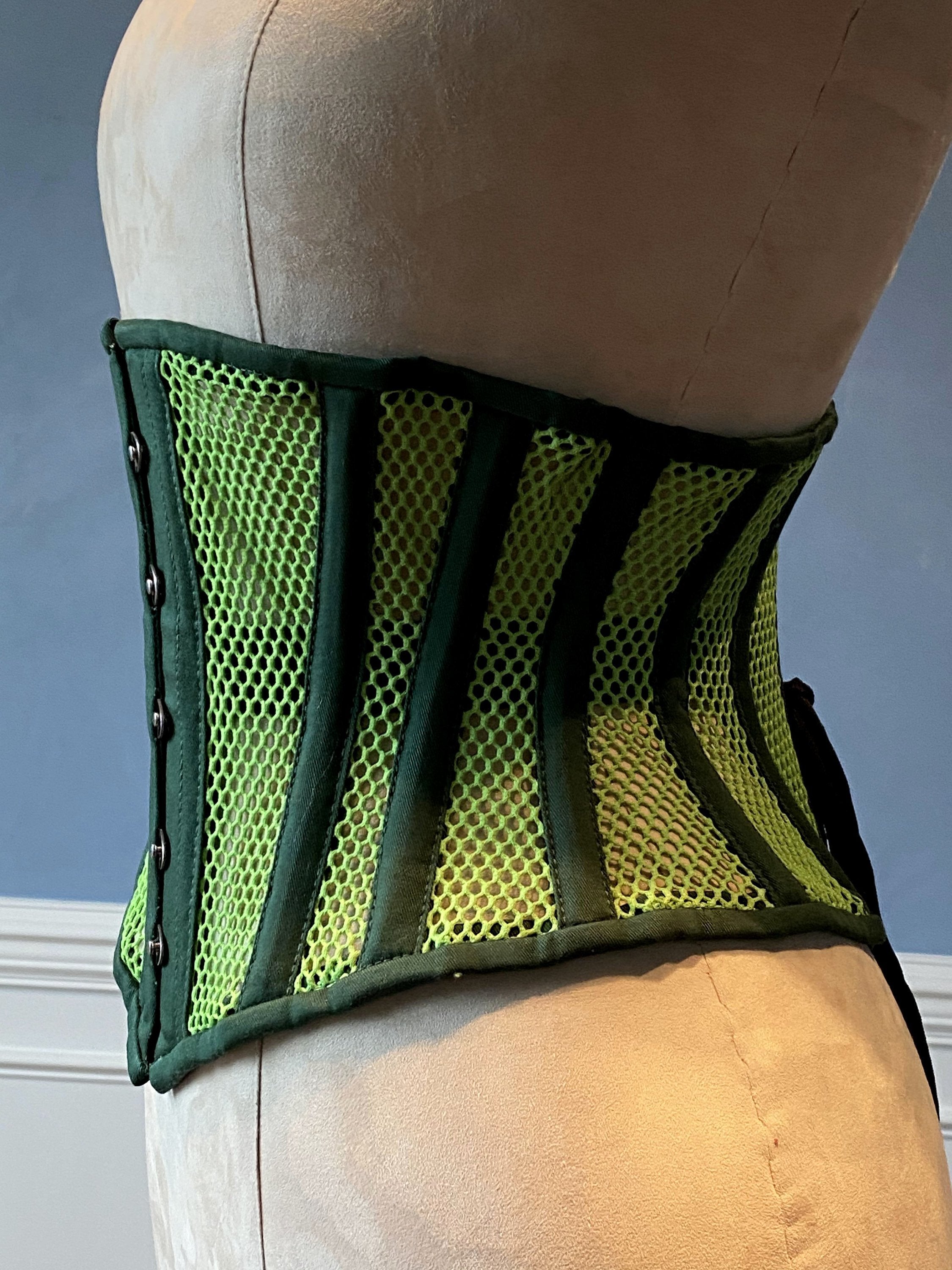 Real steel boned underbust underwear green corset from transparent mesh and  cotton. Real waist training corset for tight lacing.