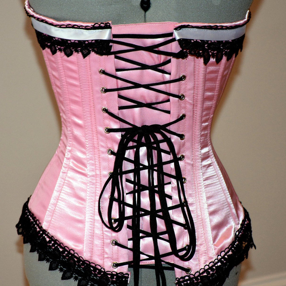 
                  
                    Historic pink satin overbust authentic corset with black lace. Steel-boned corset for tightlacing. Prom, gothic, steampunk Victorian corset. Corsettery
                  
                
