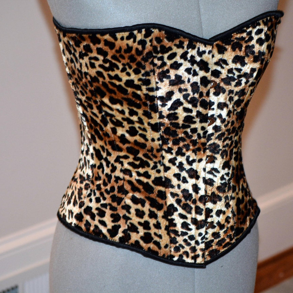 
                  
                    Classic overbust velvet leopard cheetah authentic steel-boned corset. Bespoke made to your measurements. Affordable cheap waist training Corsettery
                  
                