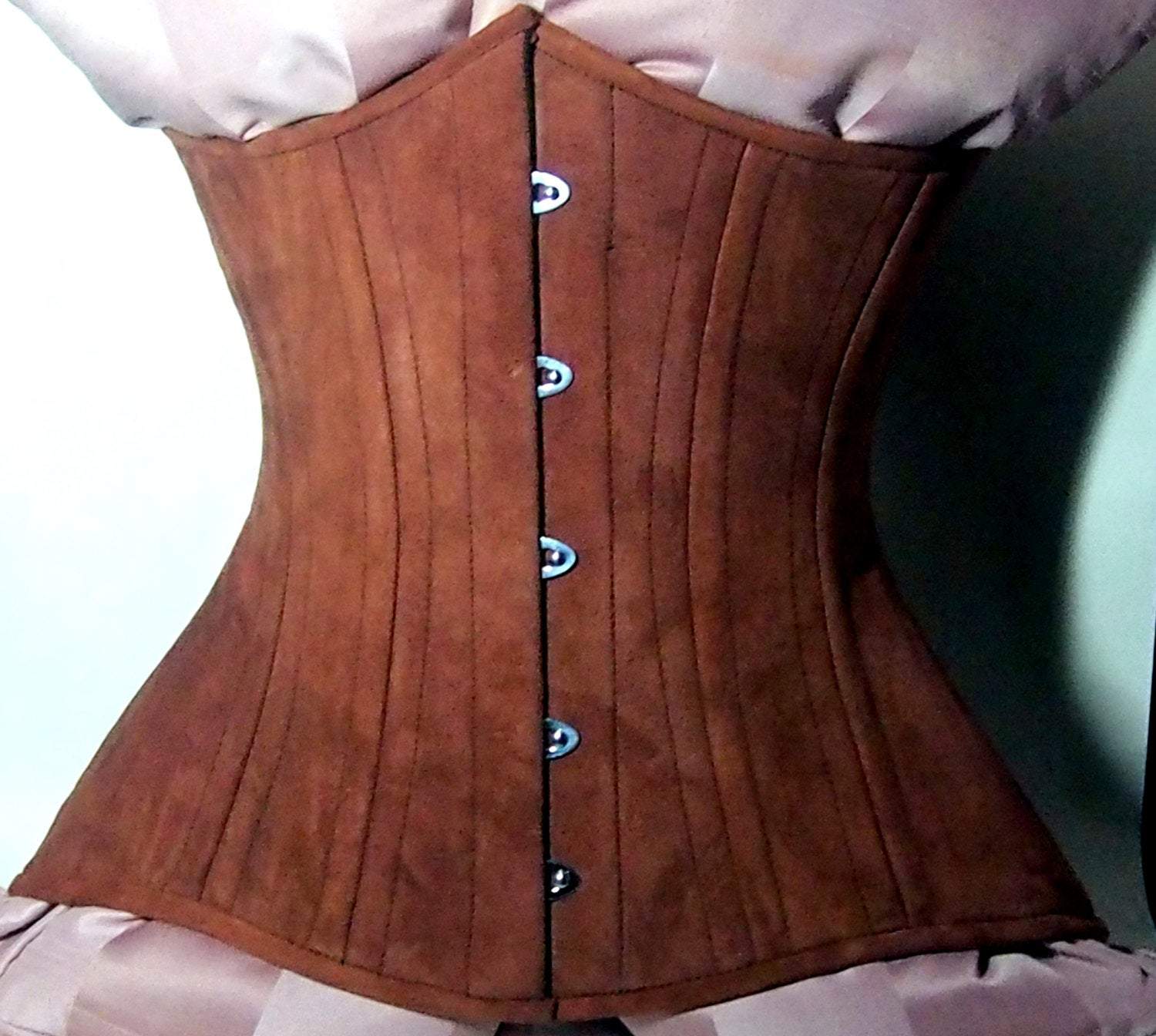 Real Double Row Steel Boned Underbust Corset From Real Brown Suede.  Exclusive Steampunk Historical Corset With Double Rows of Bones. 