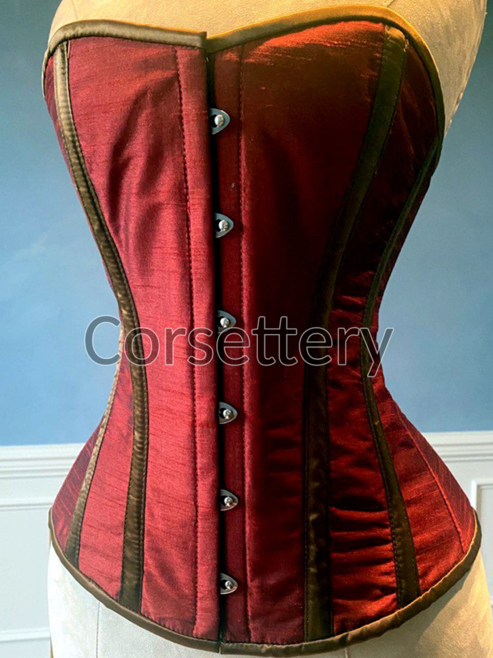 Classic taffeta corset red and black. Steel-boned corset for tight lacing.  Prom, gothic, steampunk Victorian corset.