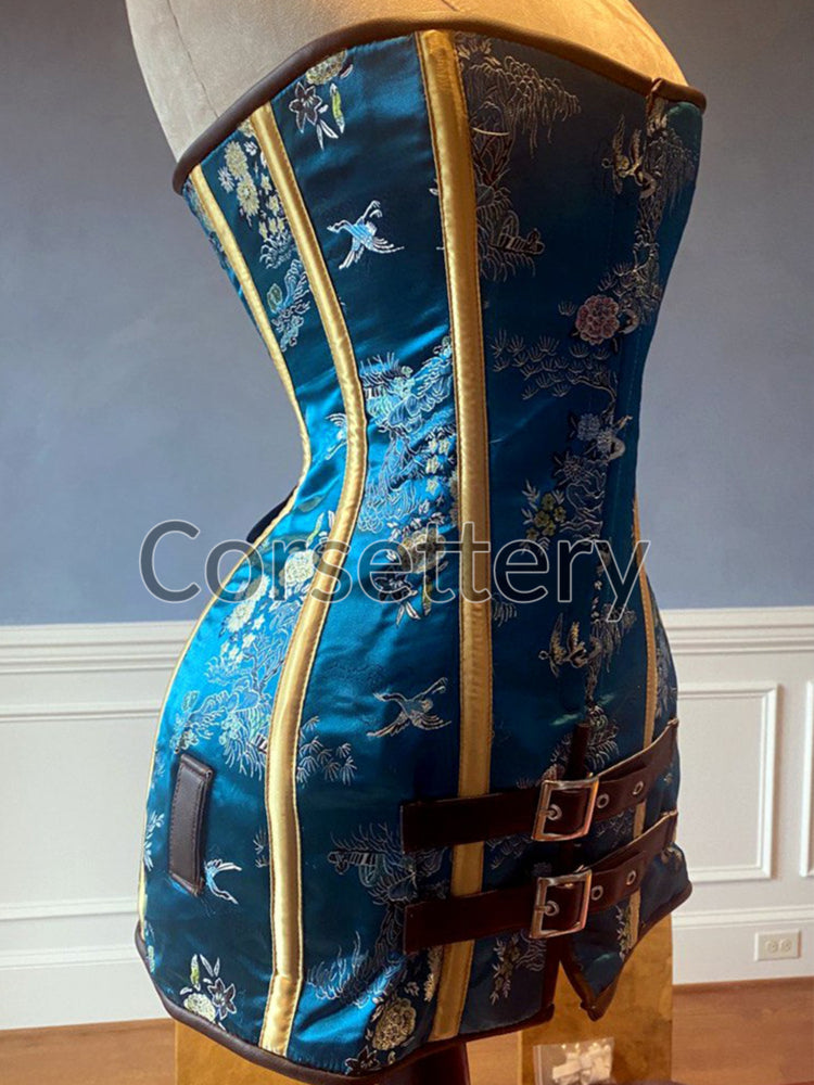 Blue brocade steampunk corset
