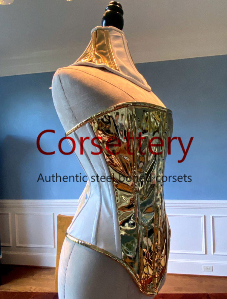 Steel-boned leather and PVC corset, double steel bones, blue and silver corset, white and gold corset (Copy) Corsettery