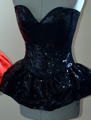 Authentic corset dress with fluffy skirt, black sequins or satin fabric. Corsettery