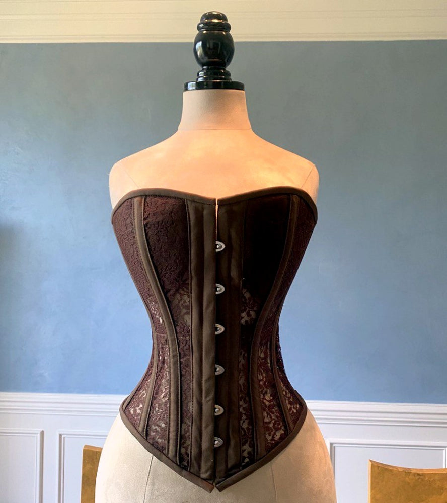 
                  
                    Overbust mesh authentic corset with cups in chocolate brown and other colors. Gothic Victorian, steampunk affordable, historical corset Corsettery
                  
                