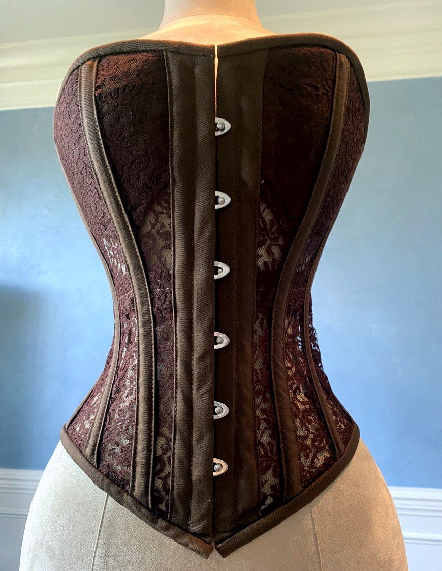 
                  
                    Overbust mesh authentic corset with cups in chocolate brown and other colors. Gothic Victorian, steampunk affordable, historical corset Corsettery
                  
                