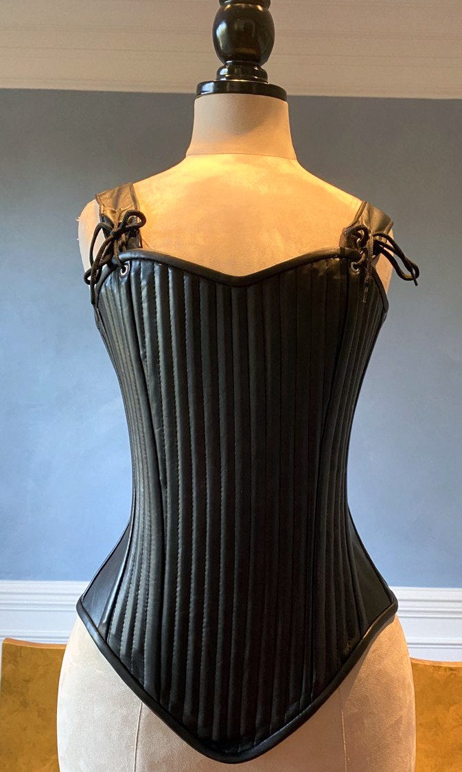 
                  
                    Lambskin full bust vintage historical pattern corset with shoulder straps (40+ steel bones). Different colors of leather are available Corsettery
                  
                