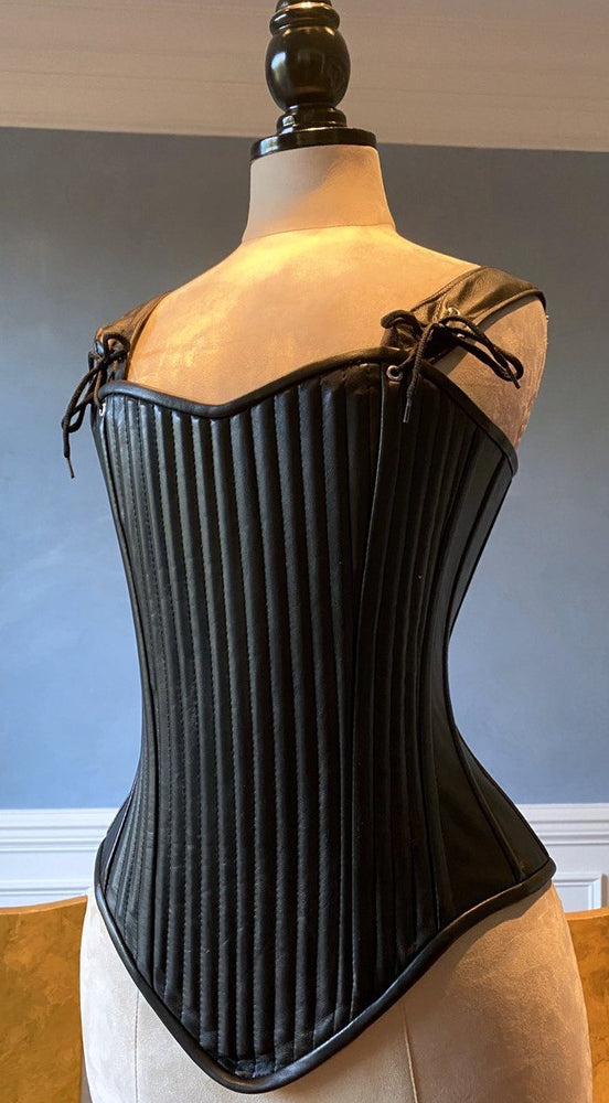 
                  
                    Lambskin full bust vintage historical pattern corset with shoulder straps (40+ steel bones). Different colors of leather are available Corsettery
                  
                