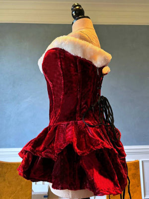 Authentic Santa corset dress with fluffy skirt, red Christmas velvet dress. Prom, Valentine, mini wedding dress
