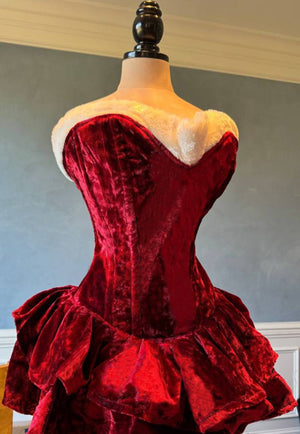 Authentic Santa corset dress with fluffy skirt, red Christmas velvet dress. Prom, Valentine, mini wedding dress