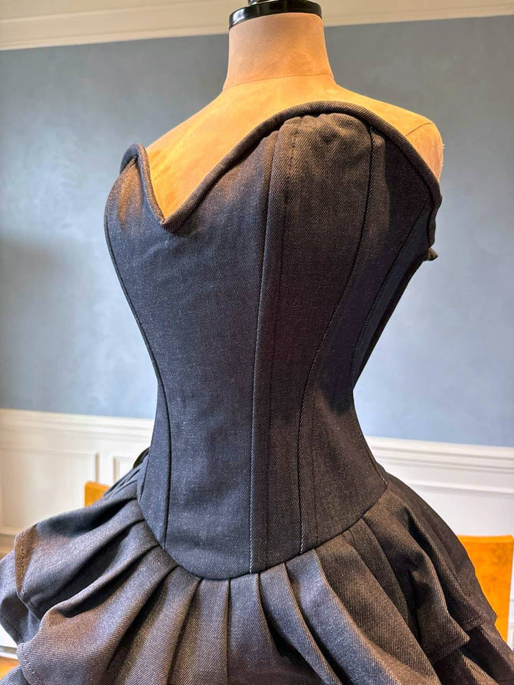 Authentic denim corset dress with fluffy skirt, denim or cotton. Prom