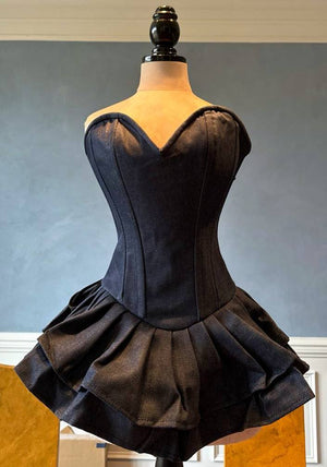 Authentic denim corset dress with fluffy skirt, denim or cotton. Prom, Valentine, mini wedding dress