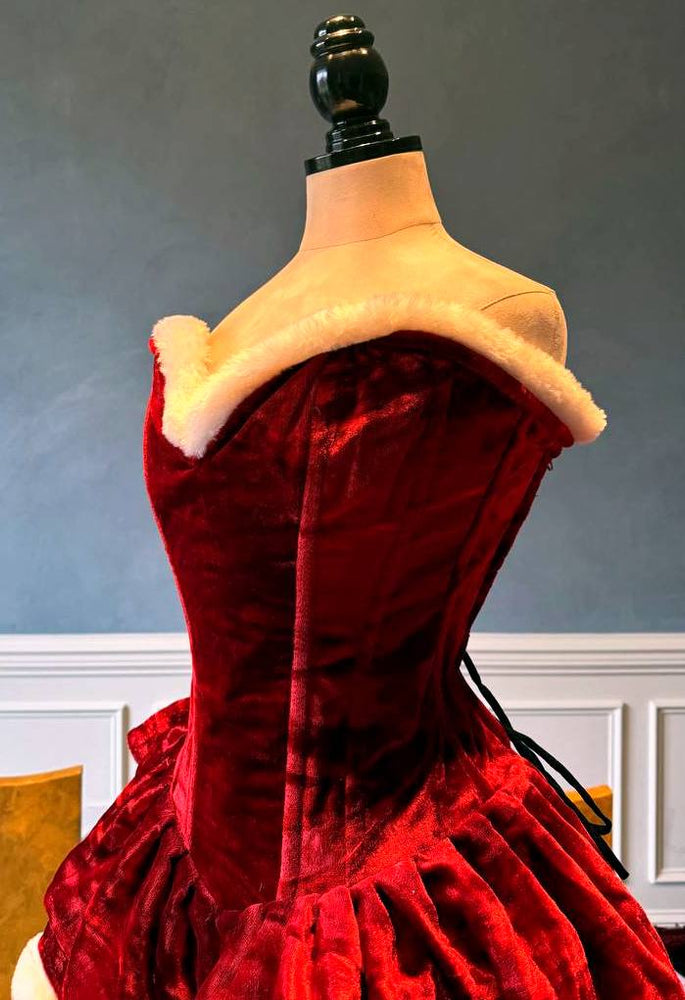 
                  
                    Authentic Santa corset dress with fluffy skirt, red Christmas velvet dress. Mini Santa Dress
                  
                