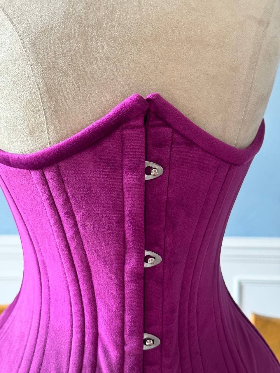 Real double row steel boned underbust bright violet velvet corset of s ...