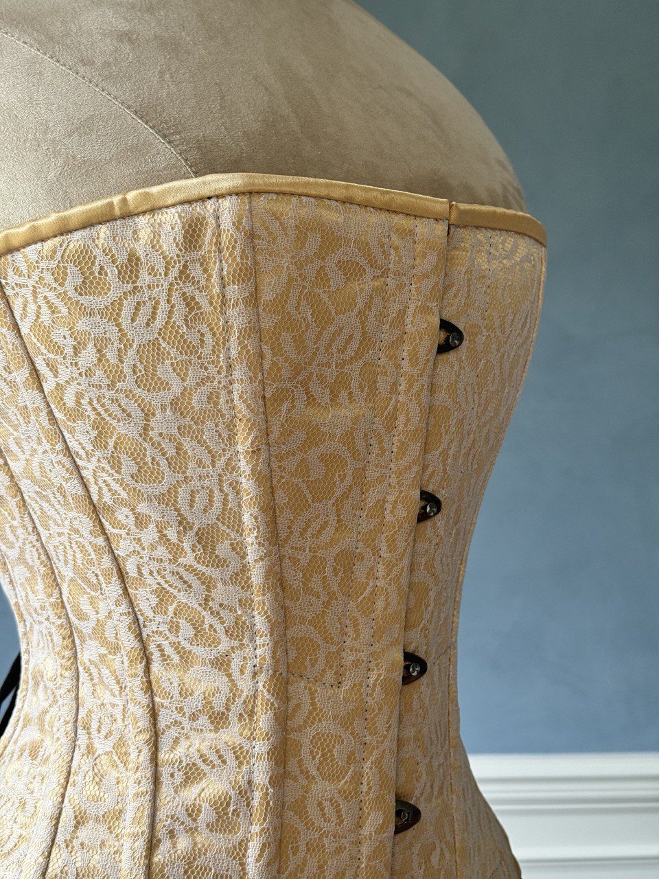 
                  
                    Historical pattern Edwardian overbust corset from satin and floral mesh. Steelbone custom corset, renaissance, gothic, steampunk, bespoke, victorian
                  
                