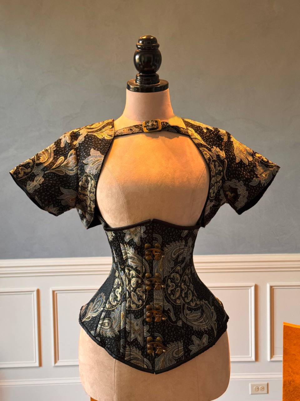 Calainah The Traveller Steampunk Brocade Underbust Corset Set with Hook Closure and Bolero, authentic steel-boned custom made corset for waist