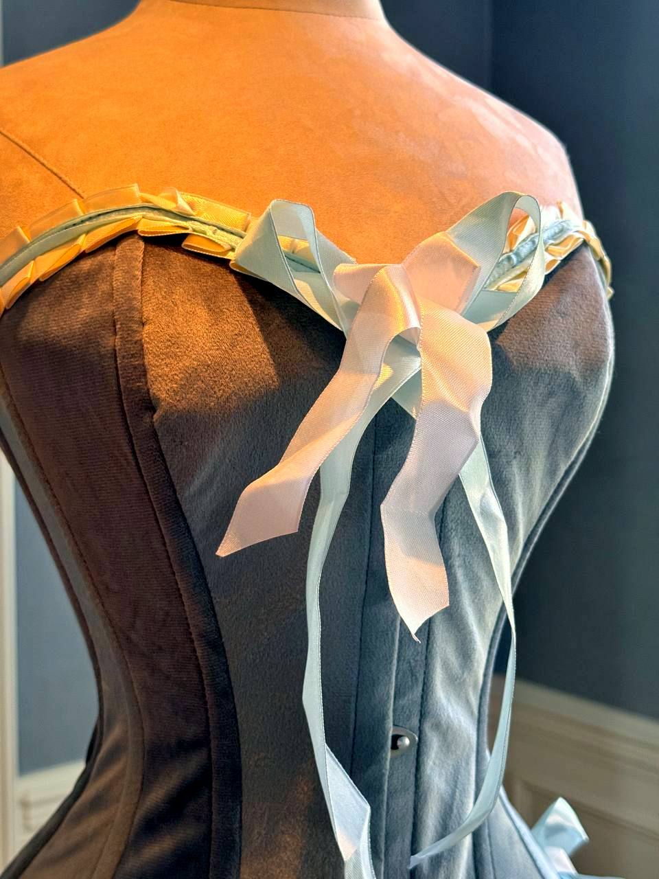 The Gray Velvet Reverie Corset – Pastoral Dreams of Versailles Corsets Collection Corsettery Authentic Corsets USA