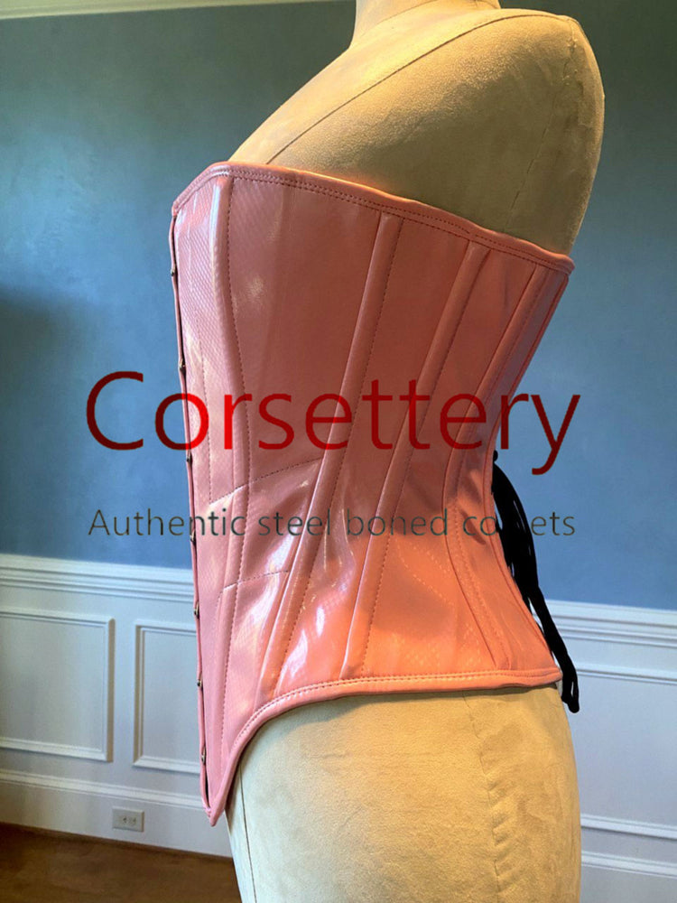 
                  
                    Fake pink leather Edwardian pattern PVC corset. Steelbone custom corset, renaissance, gothic, steampunk, bespoke, victorian Corsettery
                  
                